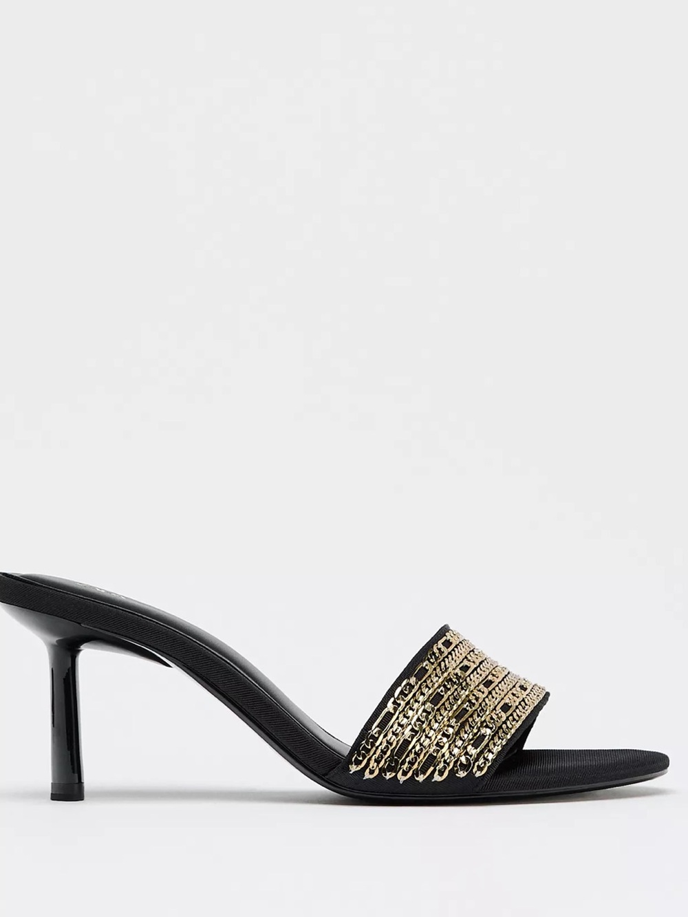 Zara Black Slide Mules with Gold Chain Detail